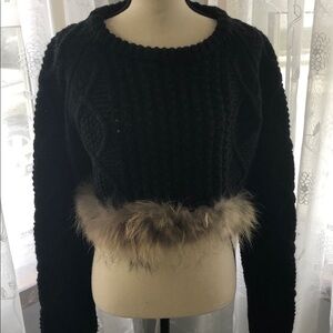 Nakiss H chunky knit black sweater fur crop SZ S REAL fur Penny Lane style